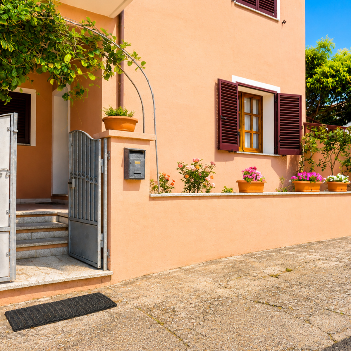 Ingresso alla proprietà e palazzina a due piani